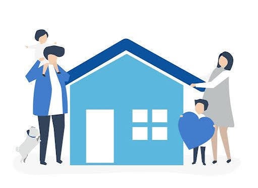 Family with home illustration representing community housing and support